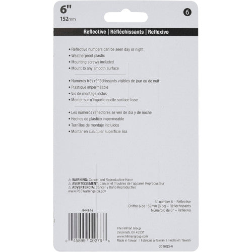 Hillman Black & Silver Reflective Plastic House Number 6