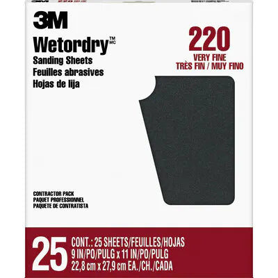 3M™ Wetordry™ Sanding Sheets 99422NA, 9 in x 11 in, 220 grit, 25 sheets/pk, 10 pks/cs (9 x 11)