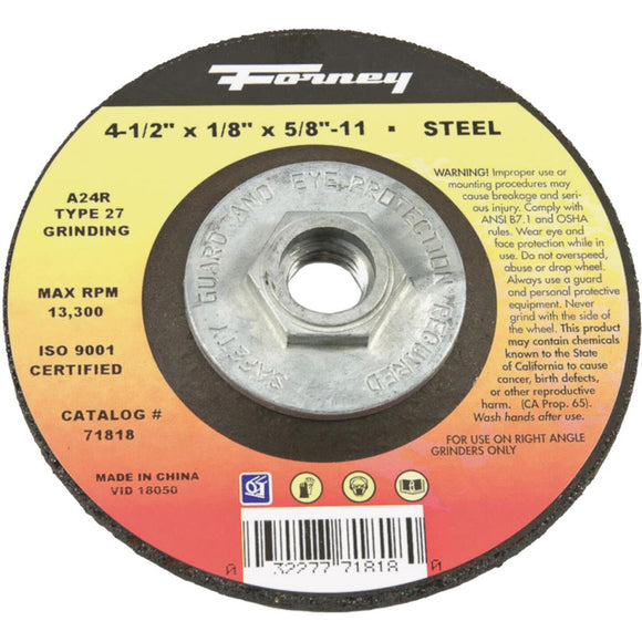 Forney Type 27 4-1/2 In. x 1/8 In. x 5/8 In.-11 Steel Grinding Cut-Off Wheel