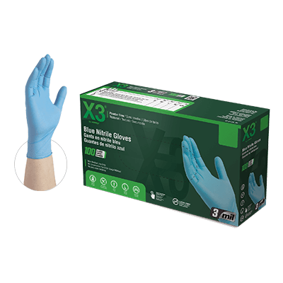 Ammex X3 Blue Nitrile PF Ind Medium Gloves (Medium, Blue)